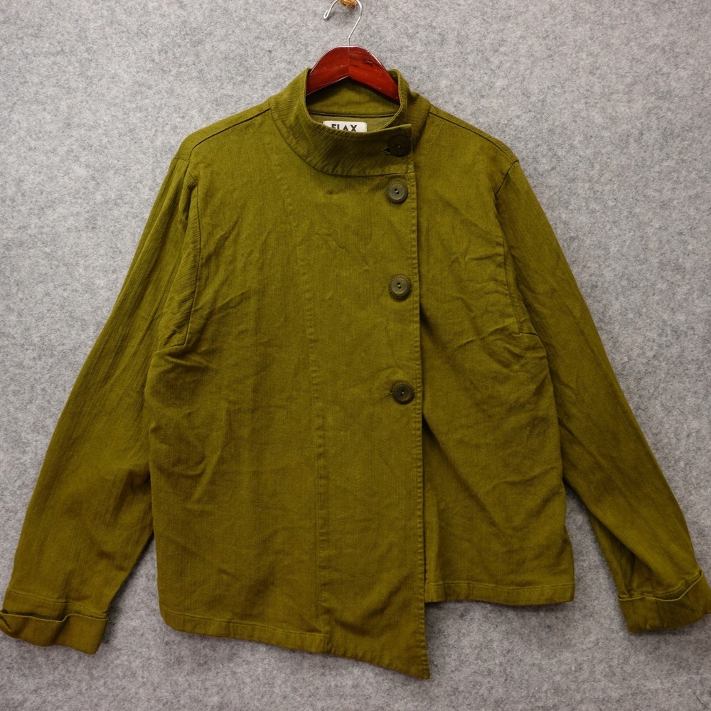 FLAX Womens Jacket LARGE Olive Green Asymmetric Lagenlook Funnel Neck VINTAGE